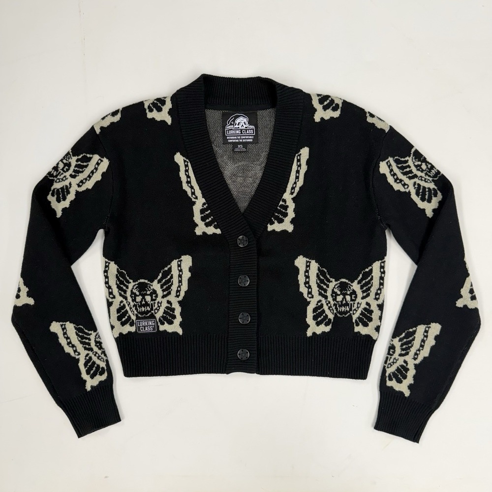 Lurking Class By Sketchy Tank Womens XS Skullfly Cropped V-Neck Graphic Cardigan